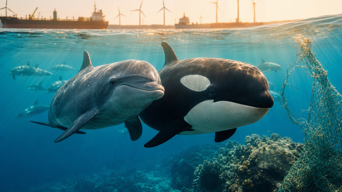 Golfinho e orca nadando próximos a rede de pesca submersa, com navios e turbinas eólicas ao fundo no mar.