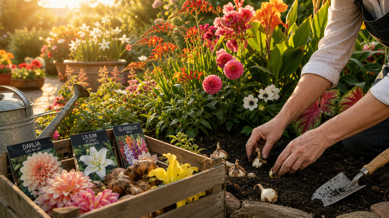 Pessoa plantando bulbos de flores em canteiro, com caixa de bulbos e regador ao lado ao pôr do sol.