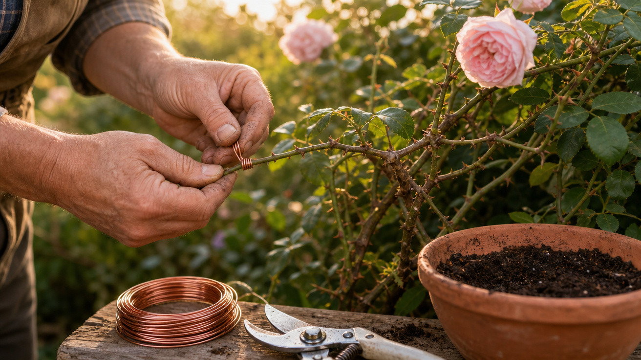 Mãos ajustando arame em ramo de rosa com flores cor-de-rosa, perto de tesoura e vaso com terra.