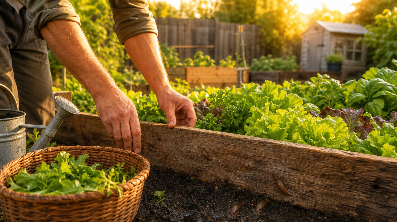 Pessoa cuidando de alface em horta com regador e cesta de verduras ao entardecer.