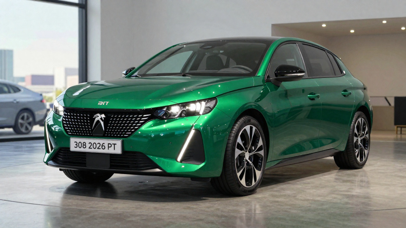 Carro Peugeot 308 verde metálico estacionado em ambiente interno moderno.