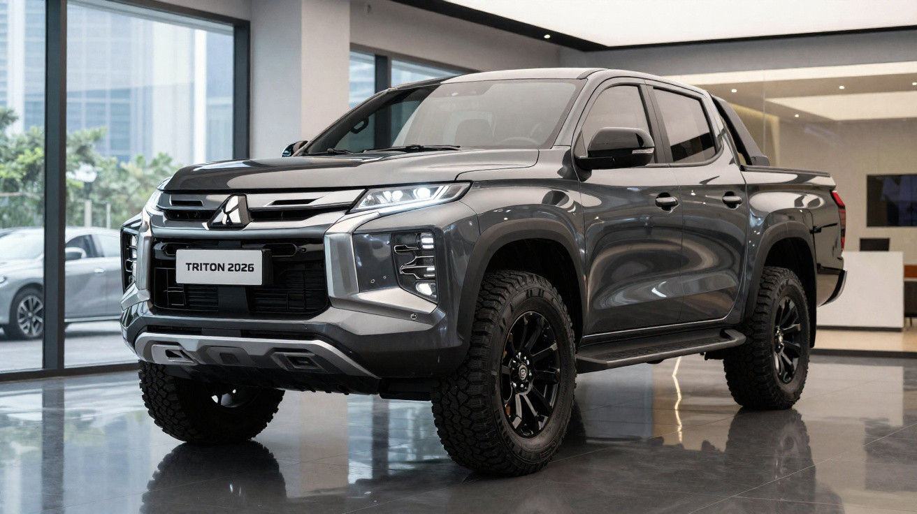 Picape Mitsubishi Triton 2026 cinza em showroom com janelas amplas ao fundo.