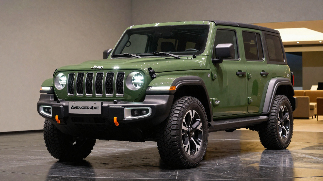 Jeep Avenger 4XE verde estacionado em ambiente interno com iluminação artificial.