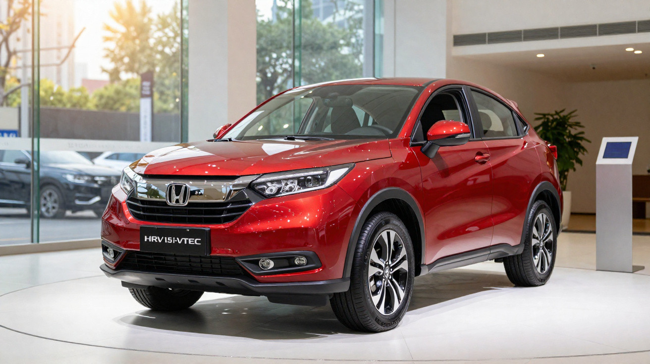 Carro SUV Honda HR-V vermelho em exposição dentro de loja com vidro e luz natural atrás.