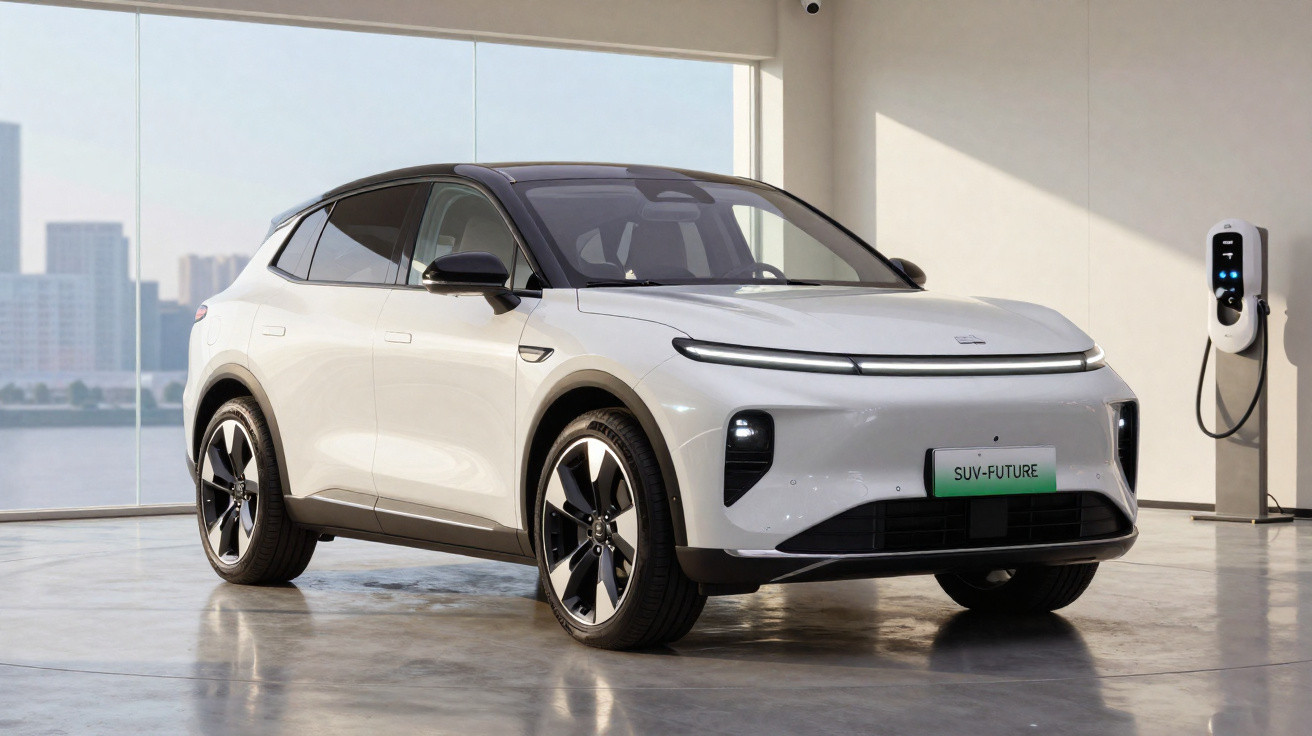 Carro elétrico SUV branco estacionado em ambiente interno próximo a carregador veicular.