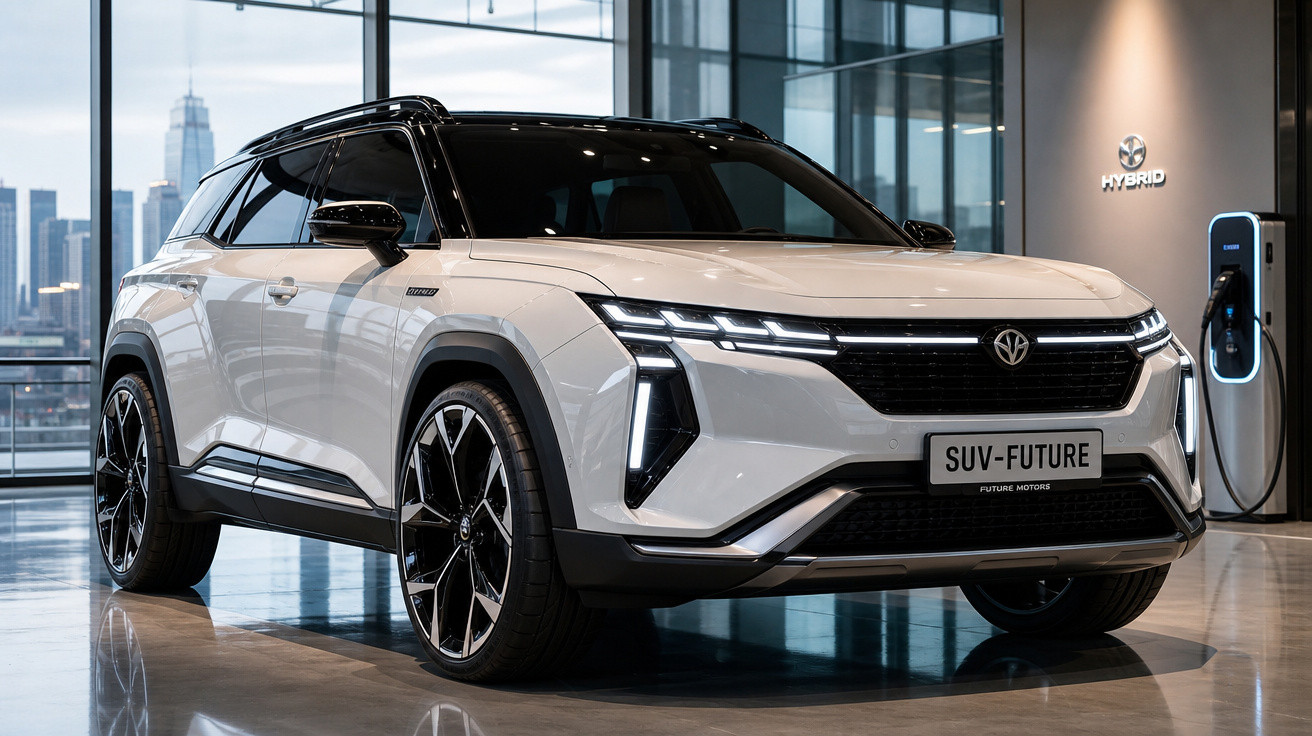 SUV híbrido branco futurista estacionado em showroom moderno com painel de vidro e estação de carregamento elétrico.