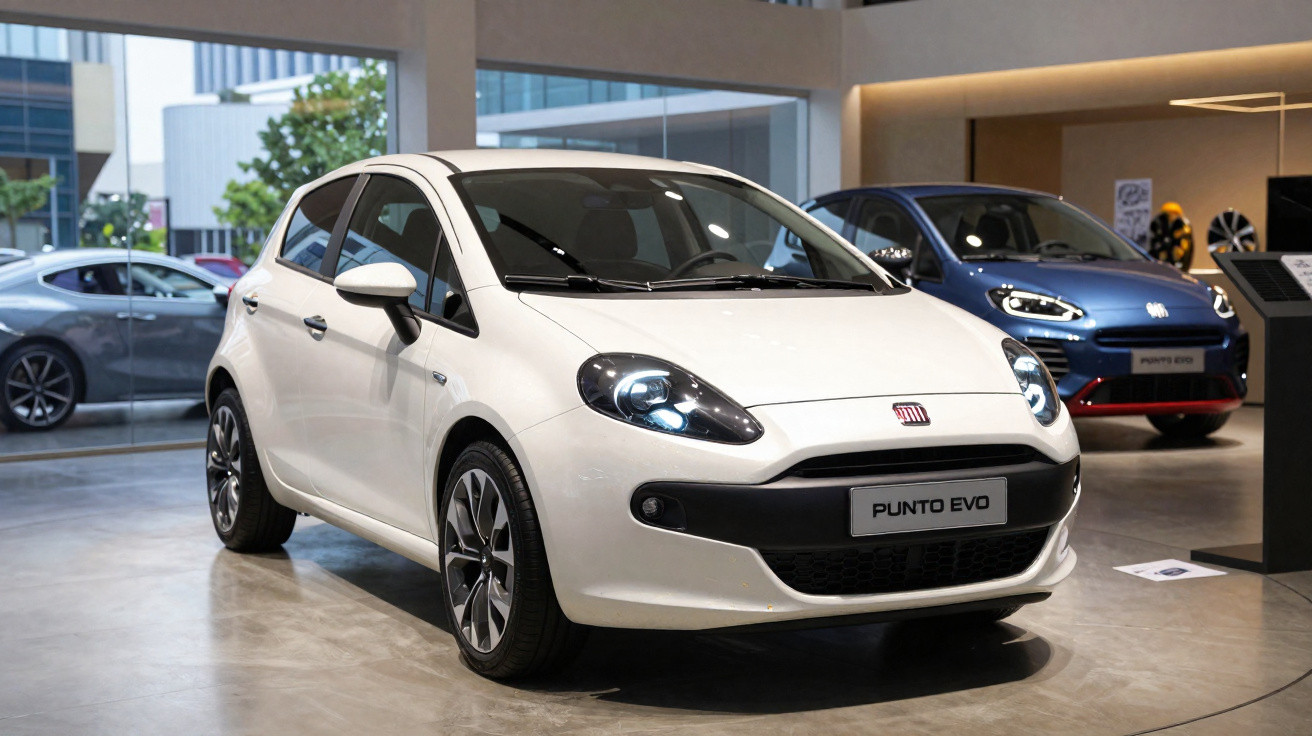 Carro branco Fiat Punto Evo exposto em showroom com piso de concreto polido e iluminação interna.