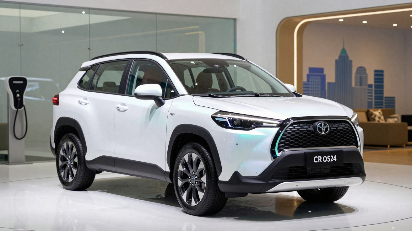 SUV branco Toyota Corolla Cross 2024 em exposição em ambiente moderno e iluminado.