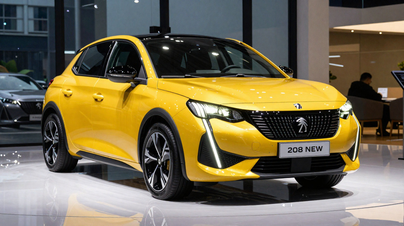 Carro hatch amarelo Peugeot 208 New exposto em salão automotivo com iluminação interna.