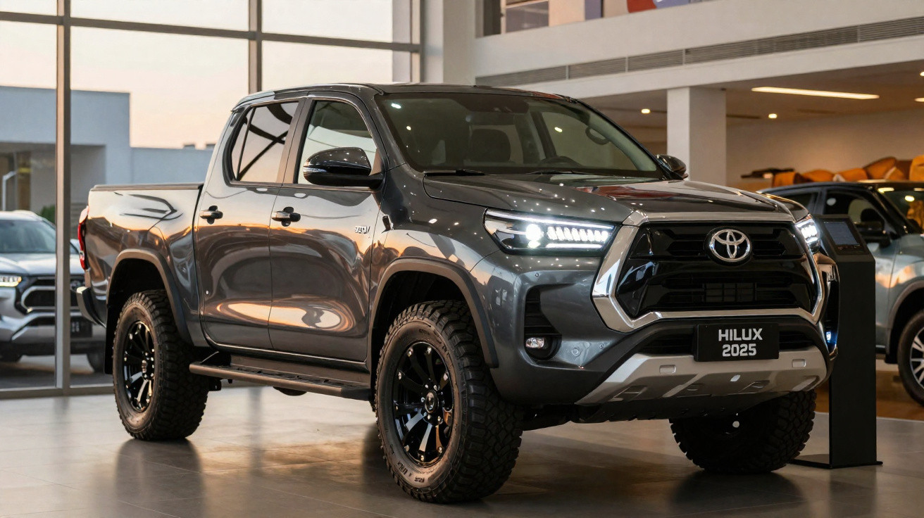 Toyota Hilux 2025 cinza escuro com faróis acesos em exposição interna de concessionária.