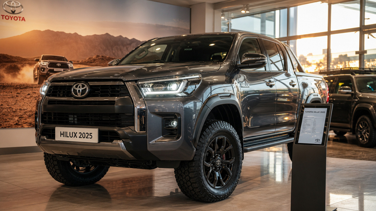 Picape Toyota Hilux 2025 cinza exibida em showroom com placa frontal e placa de informações ao lado.