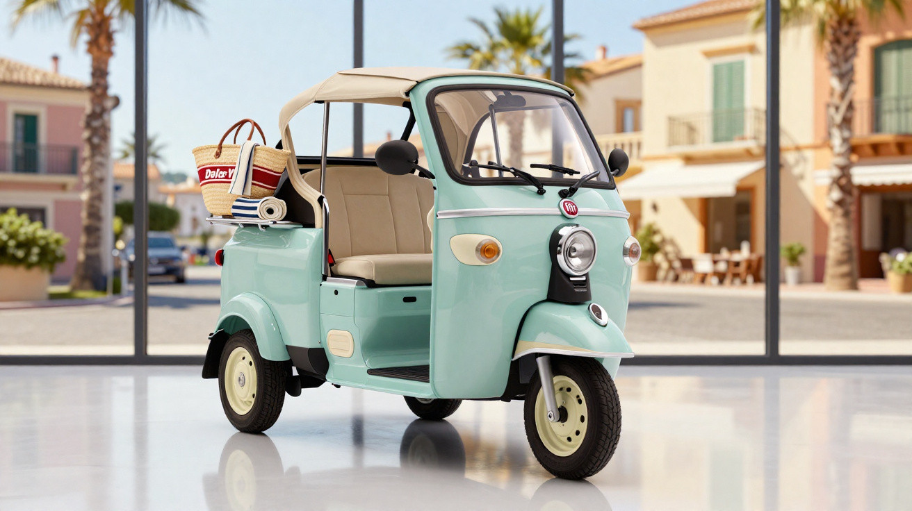 Motociclo Fiat Triciclo turquesa clássico com bancos bege e cesta de praia, em ambiente iluminado.