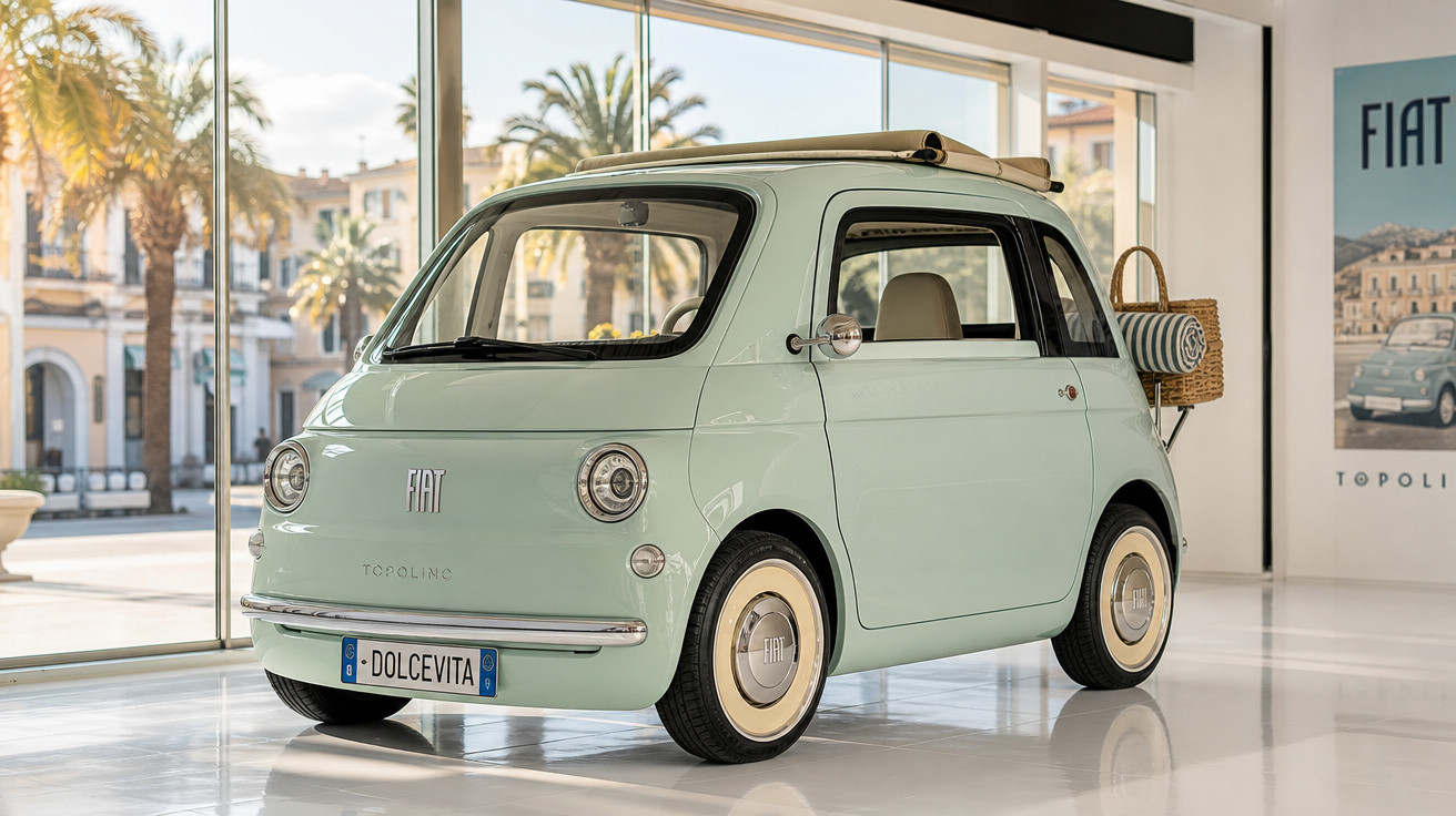 Carro Fiat Topolino verde claro com placa Dolce Vita em exposição interna com vista para avenida com palmeiras.