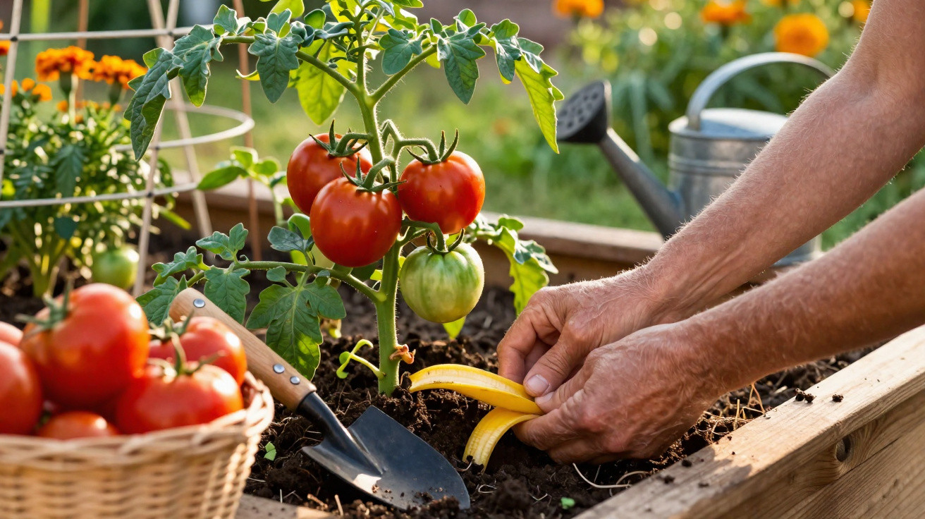 Pessoa plantando sementes ao lado de pé de tomate com frutos maduros em canteiro de madeira.