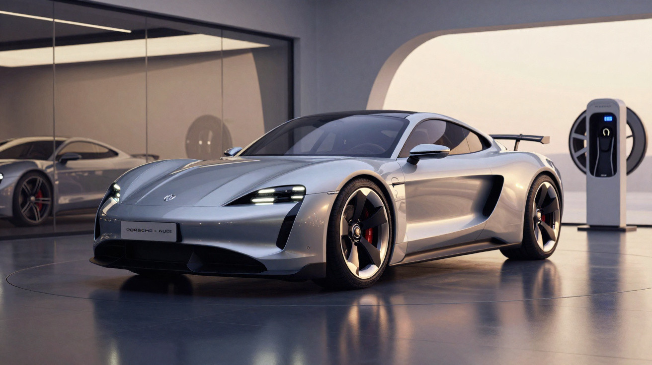 Carro esportivo elétrico prata elegante estacionado em ambiente moderno com estação de carregamento ao fundo.
