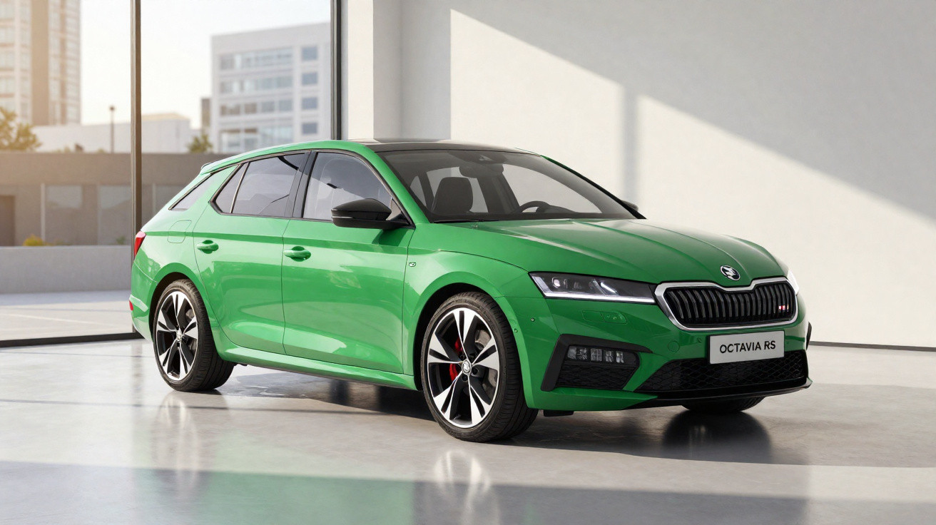 Carro verde esportivo Skoda Octavia RS estacionado em ambiente interno bem iluminado.