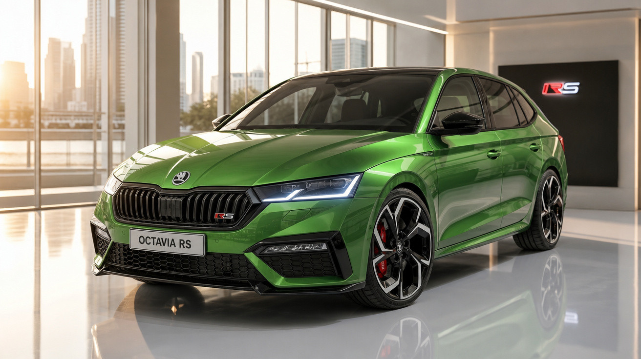Carro esportivo Skoda Octavia RS verde estacionado em showroom moderno com fachada de vidro e iluminação natural.