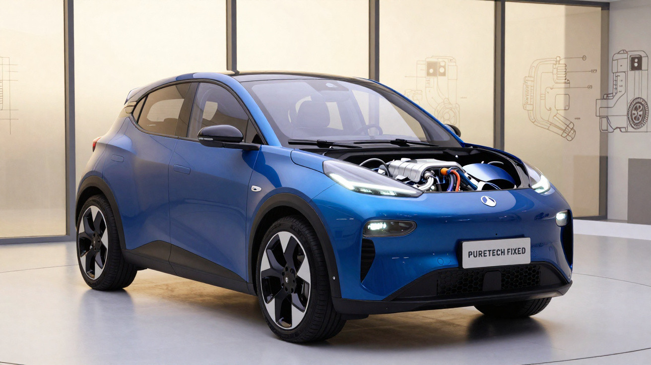 Carro elétrico azul com capô aberto exibindo motor, em ambiente interno moderno.