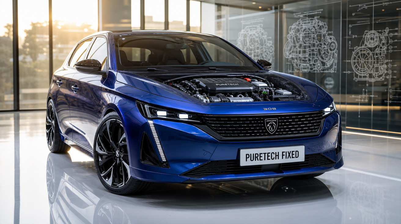 Carro azul Peugeot 308 com capô transparente mostrando motor, em ambiente moderno e iluminado.