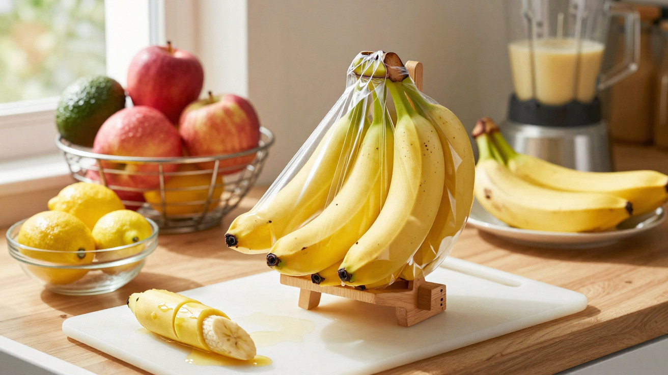 Bananas penduradas em suporte de madeira na cozinha com frutas e liquidificador ao fundo.