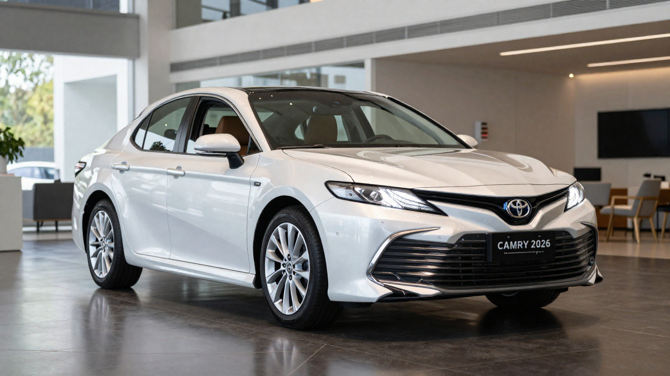 Carro sedan branco Toyota Camry 2026 exibido em showroom moderno e iluminado.