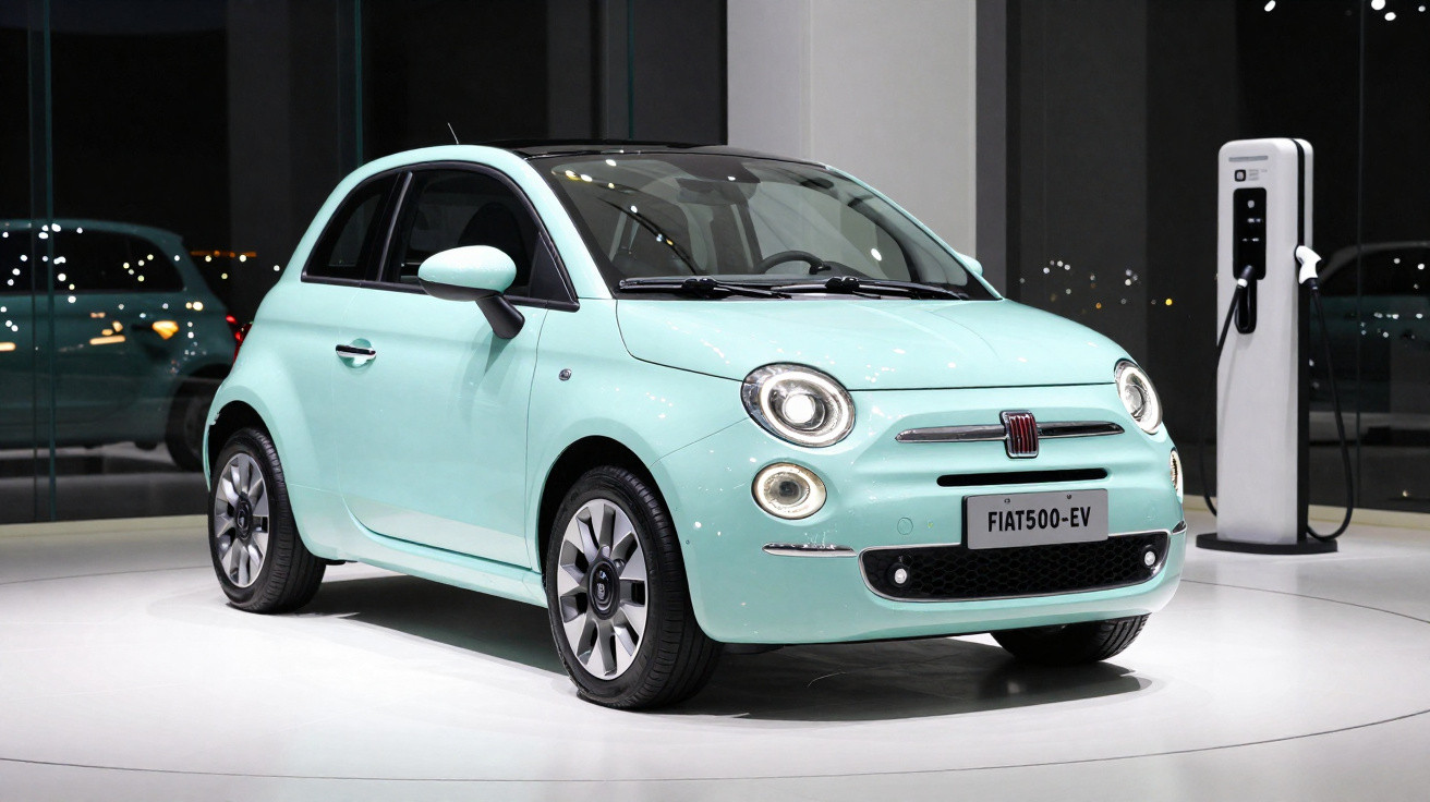 Carro elétrico Fiat 500 EV azul claro estacionado ao lado de estação de recarga em ambiente interno.