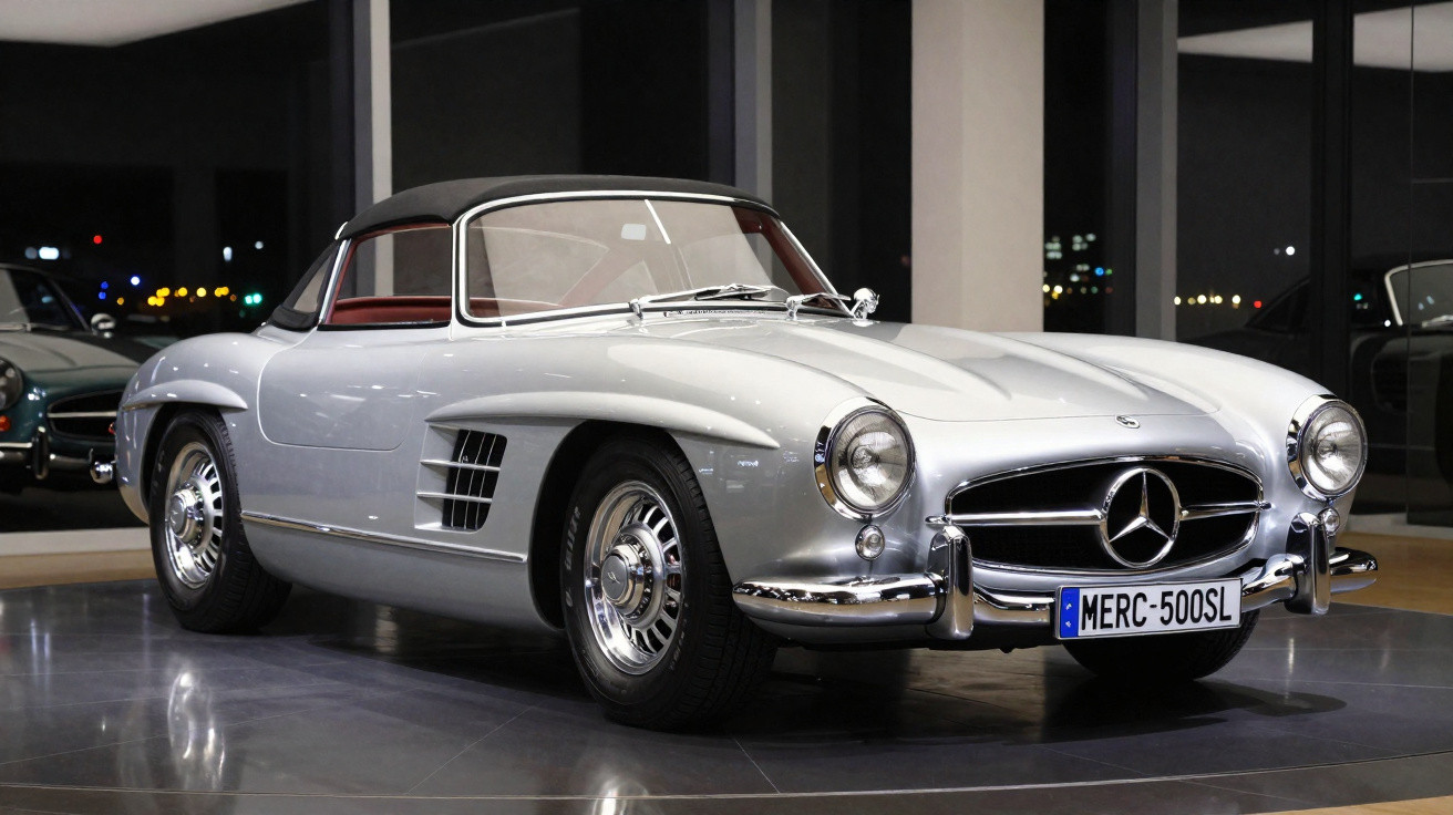 Carro esportivo clássico Mercedes-Benz 300SL prata, com teto preto, exibido em showroom à noite.