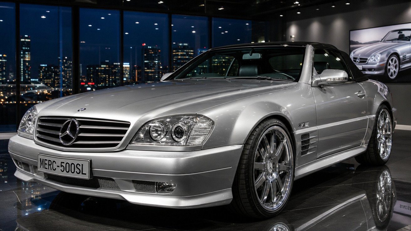Carro conversível prata Mercedes-Benz 500SL estacionado em showroom moderno à noite.