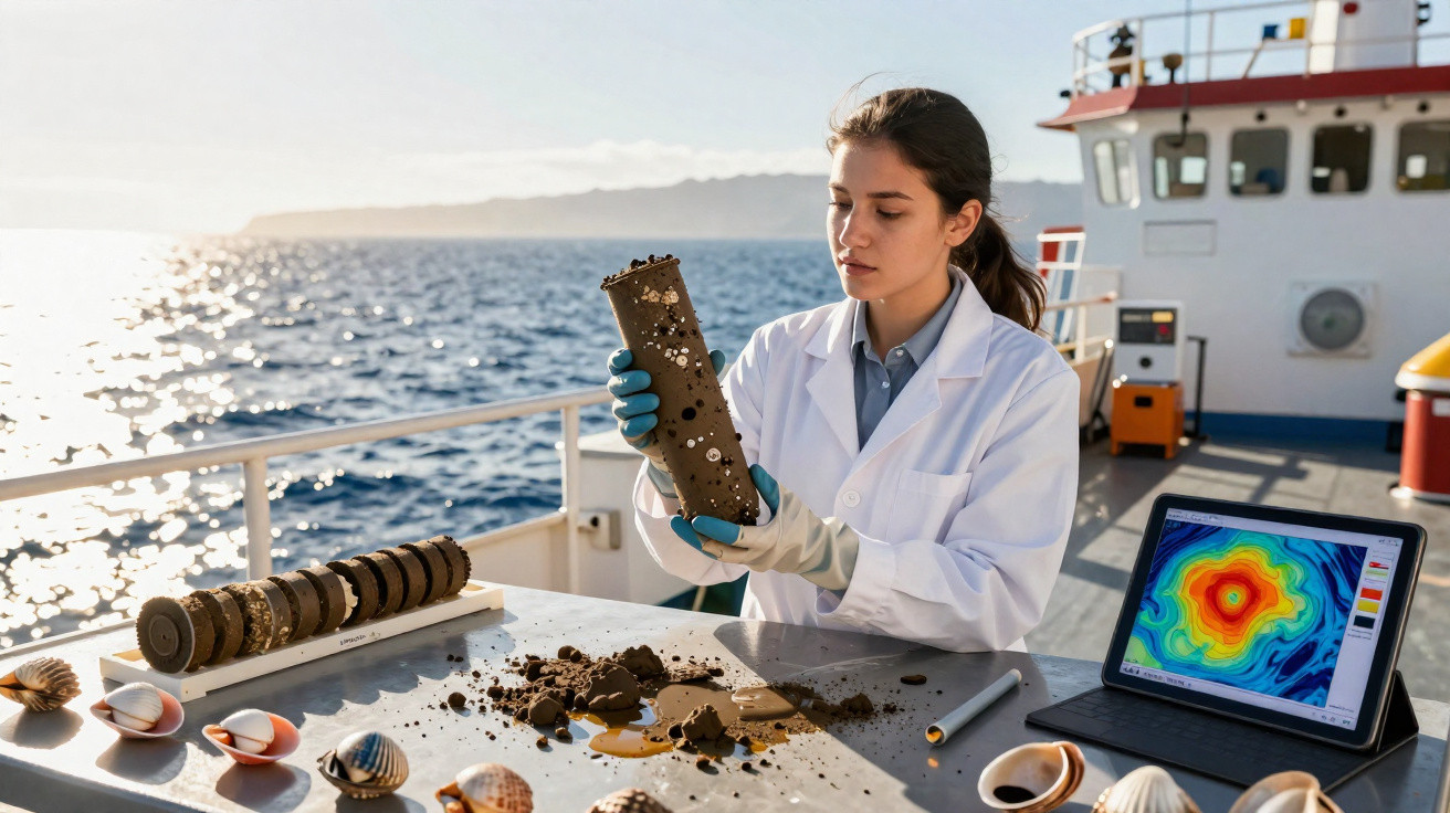 Mulher cientista em laboratório de navio analisando amostra de sedimento marinho com tablet ao lado.