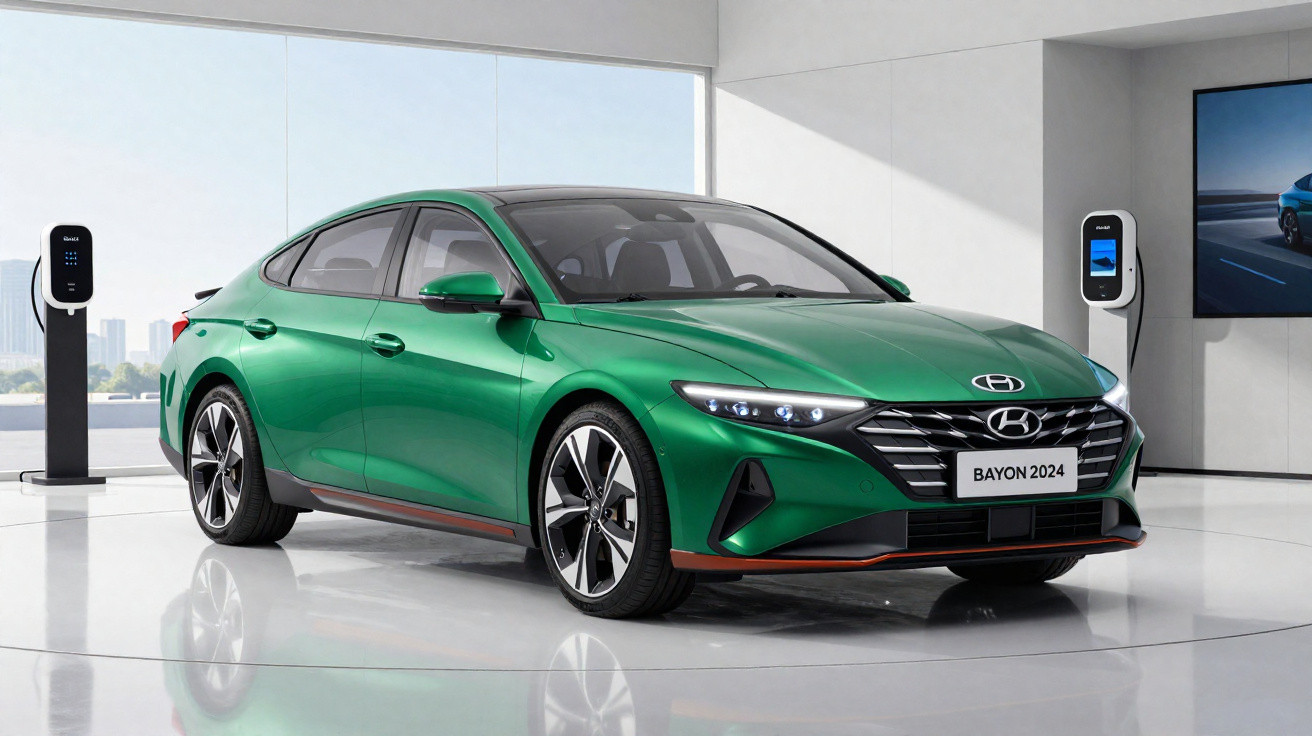 Carro elétrico verde Hyundai Bayon 2024 em showroom com estações de recarga ao fundo.