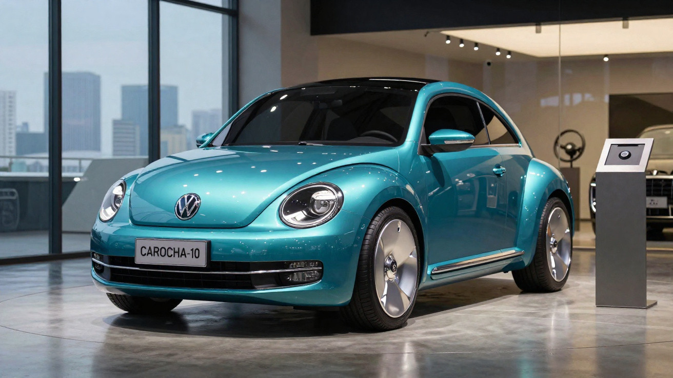 Carro Volkswagen em azul metálico exposto em showroom moderno com piso de concreto polido.