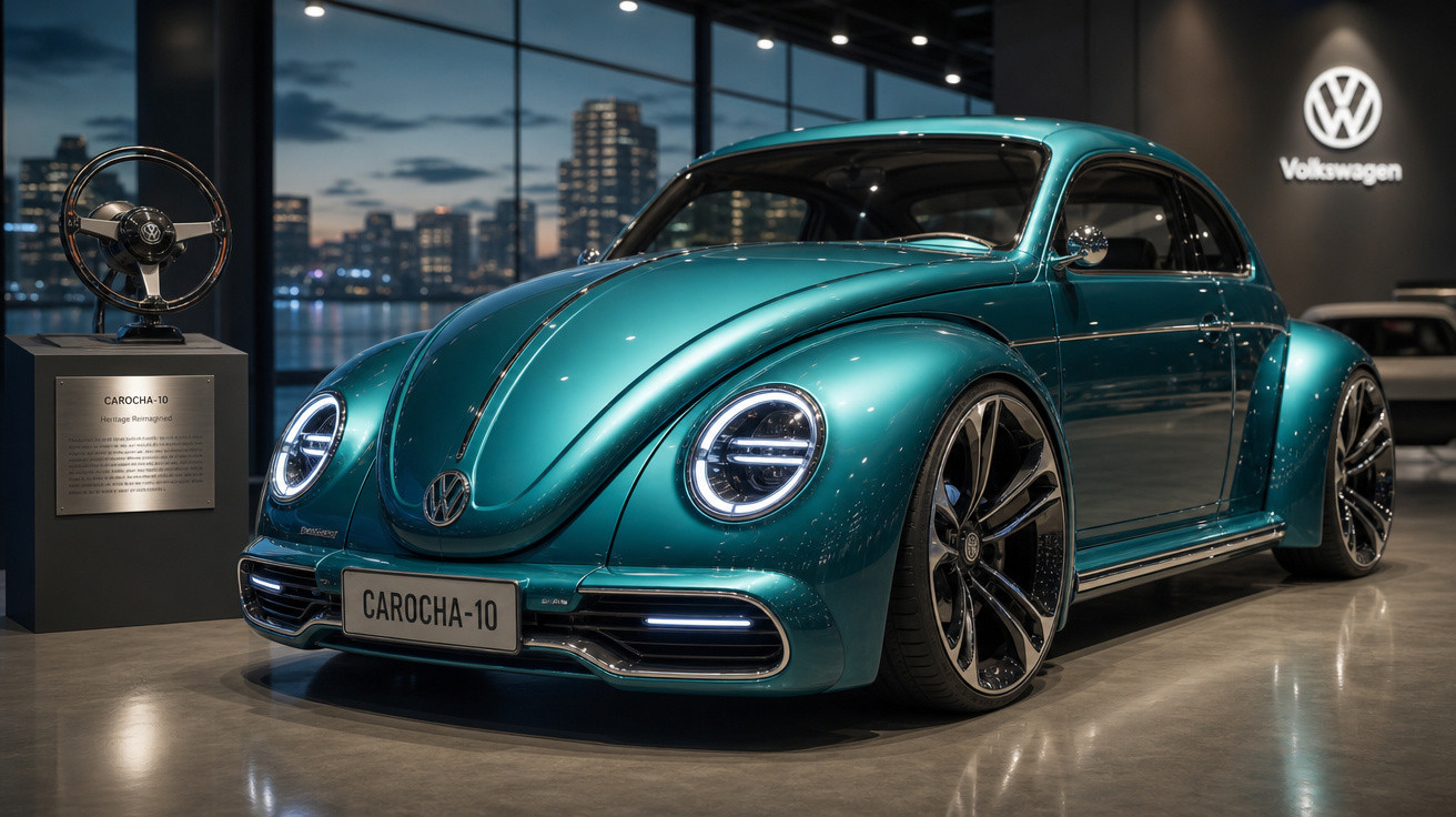 Carro Volkswagen clássico moderno azul com faróis de LED em exposição interna com vista urbana à noite.