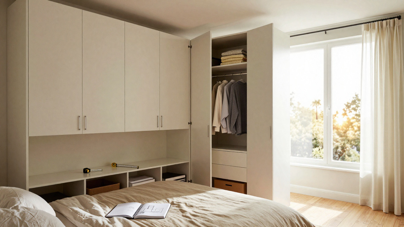 Quarto iluminado com cama arrumada, armário branco aberto e janela com cortina clara e luz do sol.