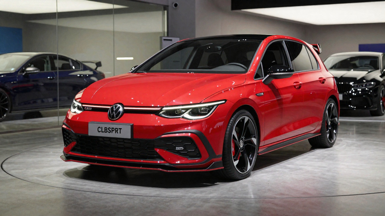 Carro esportivo Volkswagen vermelho em exposição em showroom com iluminação moderna.