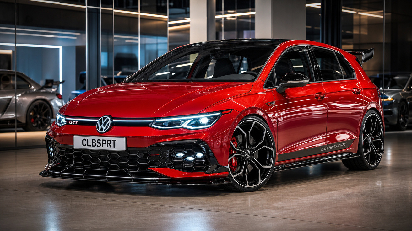Carro esportivo Volkswagen Golf GTI vermelho, com design moderno e rodas grandes, em showroom iluminado.