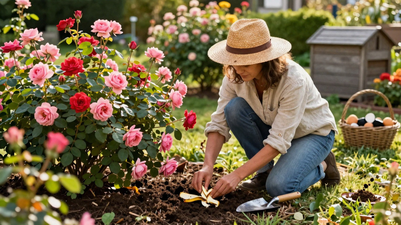 Mulher com chapéu cuidando do jardim de rosas, plantando matéria orgânica no solo ensolarado.
