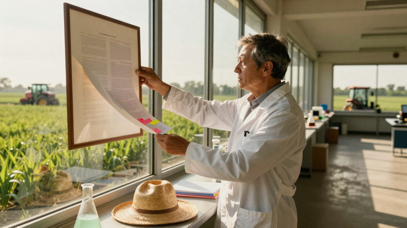 Pesquisador em jaleco examina documento em laboratório agrícola com vista para plantação e tratores.