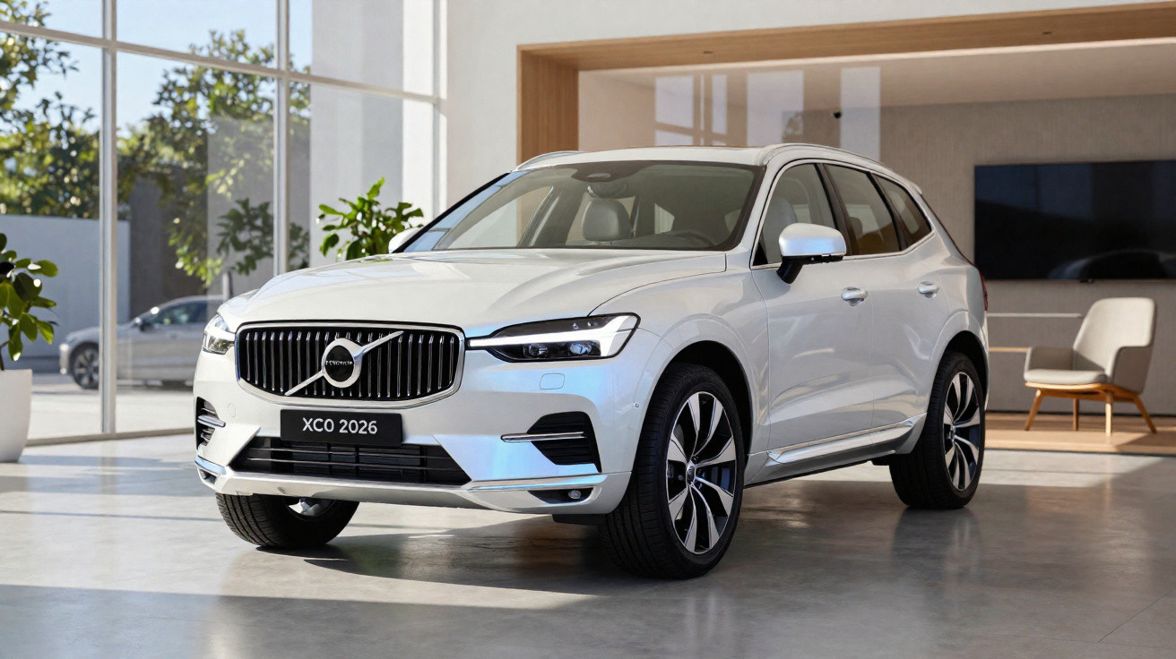 SUV Volvo XC90 branco estacionado dentro de uma sala moderna com parede de vidro.