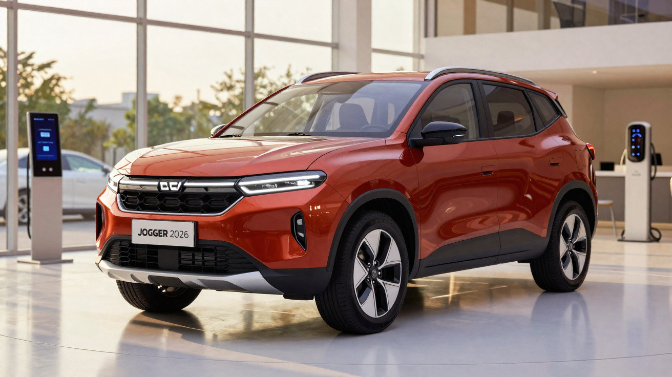 SUV vermelho Jogger 2026 em salão moderno com piso refletivo e postos de carregamento elétrico.