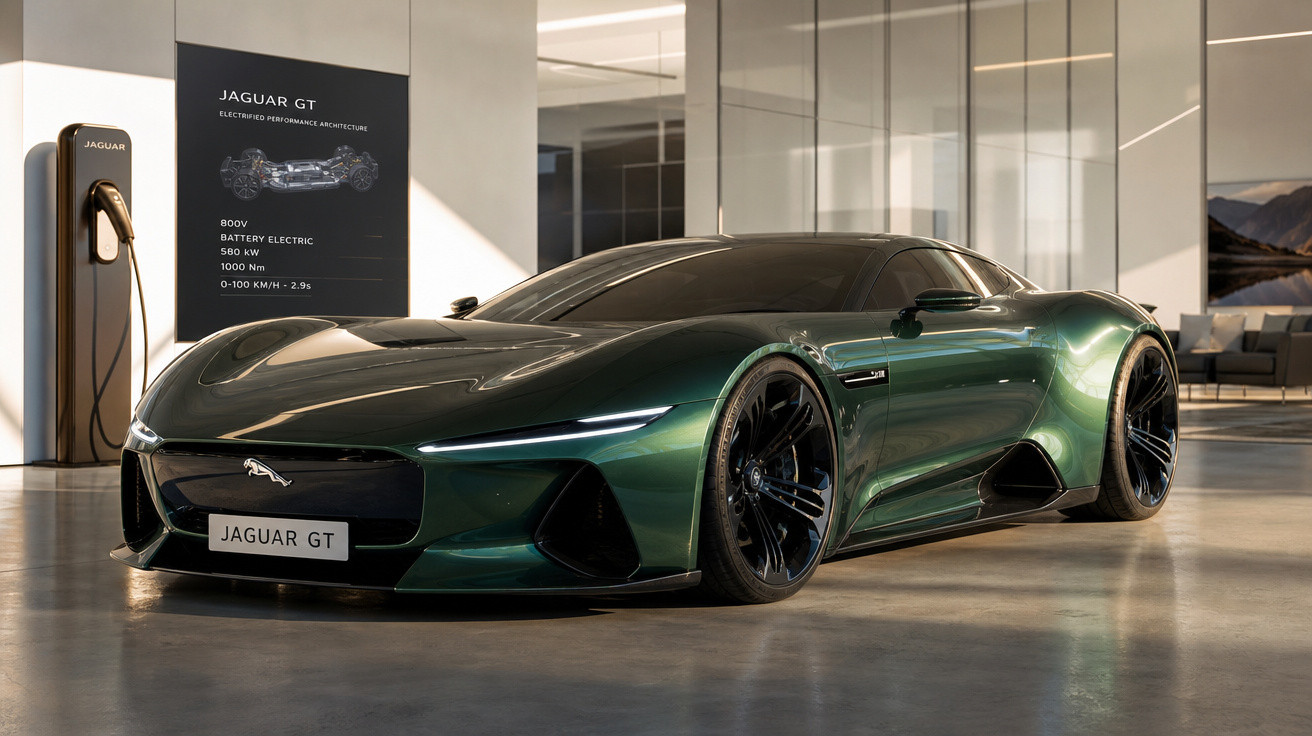 Carro elétrico esportivo Jaguar GT verde escuro em showroom moderno com carregador ao lado.