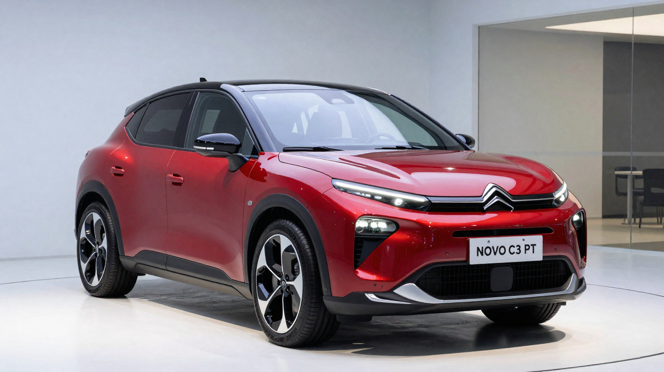 Carro vermelho Citroën Novo C3 PT em exibição, vista frontal em estúdio com fundo branco.
