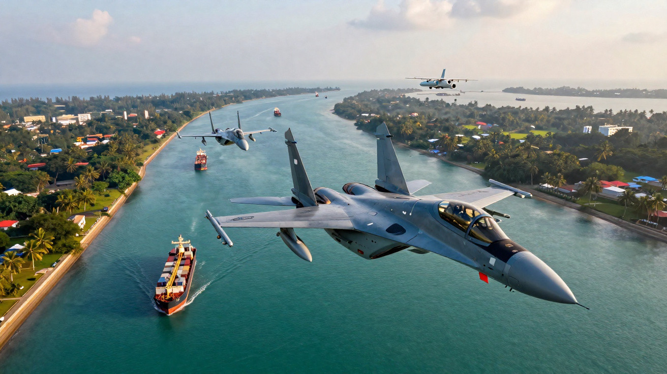 Três aviões militares voando sobre um canal com barcos e áreas verdes nas margens.