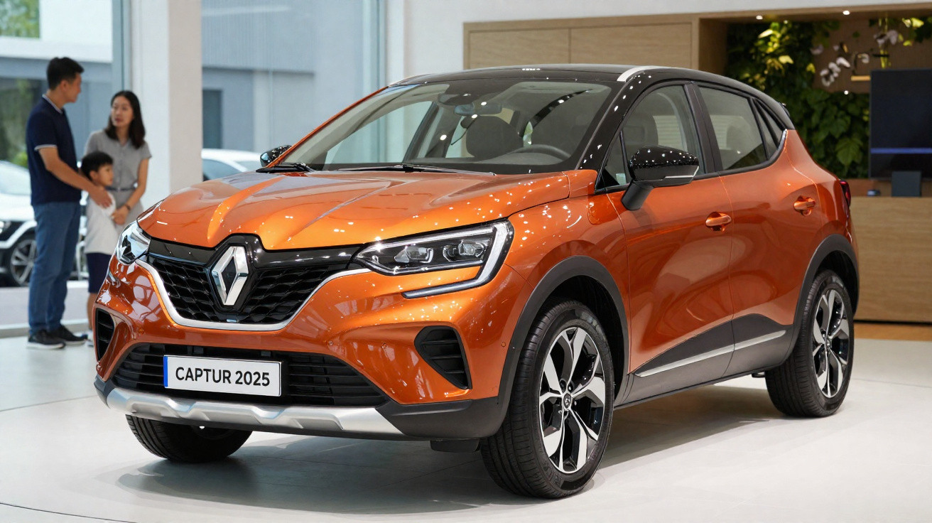 Carro SUV Renault Captur 2025 laranja exibido em showroom moderno com família ao fundo.