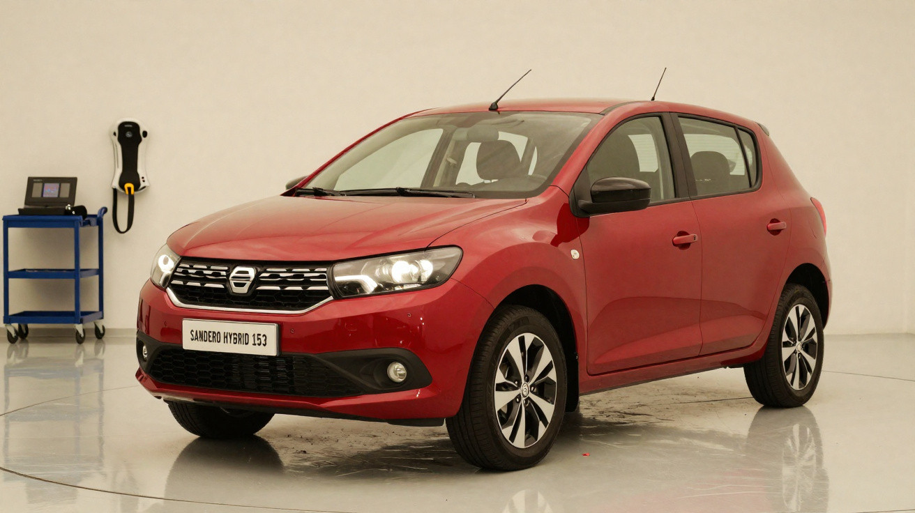 Carro vermelho Sandero Hybrid 1.6 estacionado em ambiente fechado com estação de recarga ao fundo.