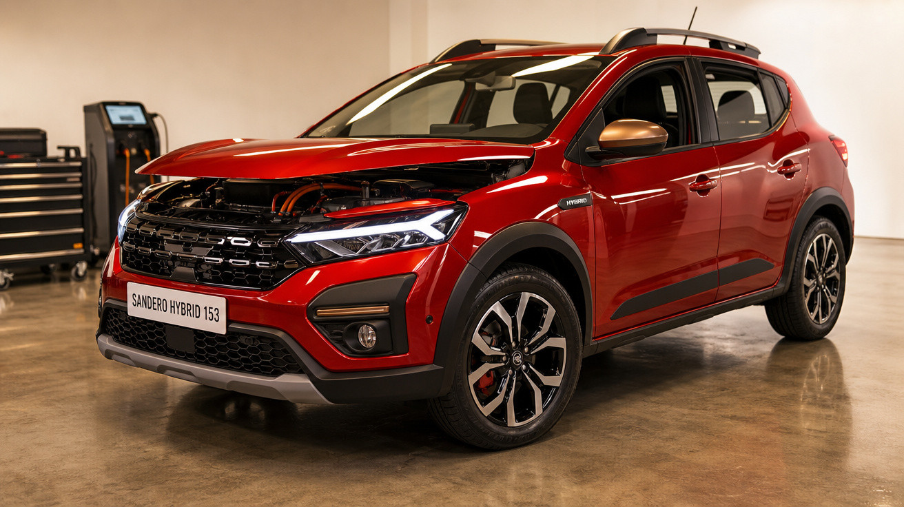 Carro SUV vermelho Sandero Hybrid com capô aberto em garagem iluminada.