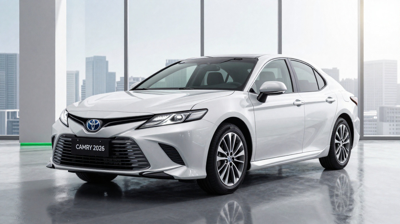 Toyota Camry 2026 branco estacionado em ambiente interno com grandes janelas e vista urbana ao fundo.