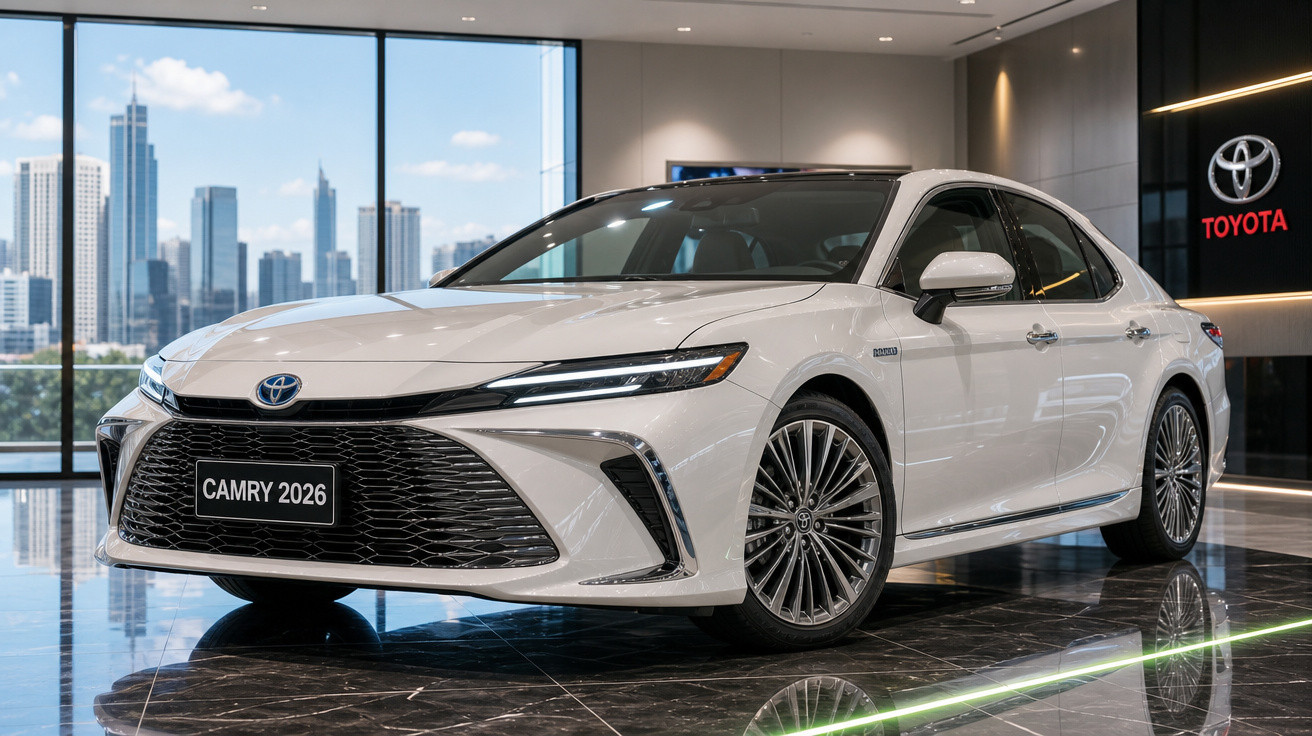 Carro Toyota Camry 2026 branco exibido em showroom moderno com fachada de vidro e vista para a cidade.