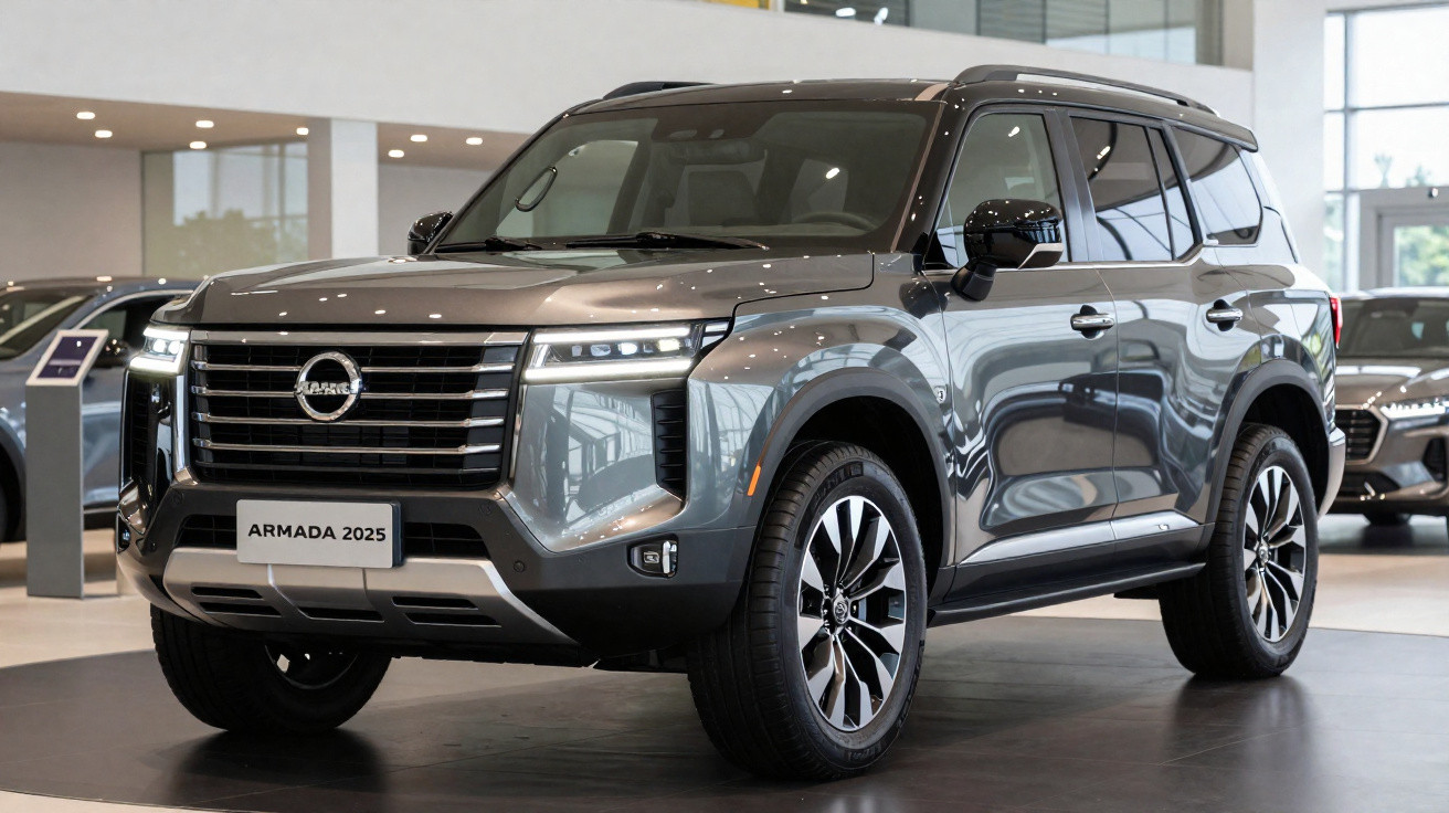 SUV Nissan Armada 2025 cinza exibido em showroom com design moderno e imponente.
