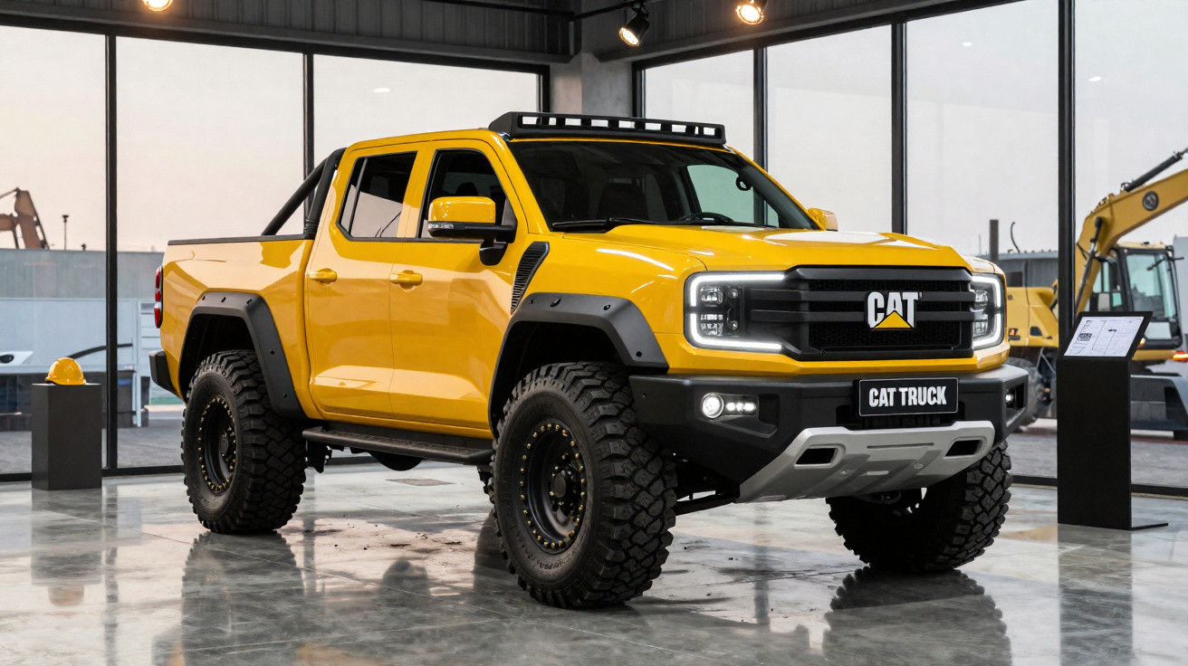 Picape amarela robusta CAT Truck em exposição dentro de showroom moderno com piso de concreto.