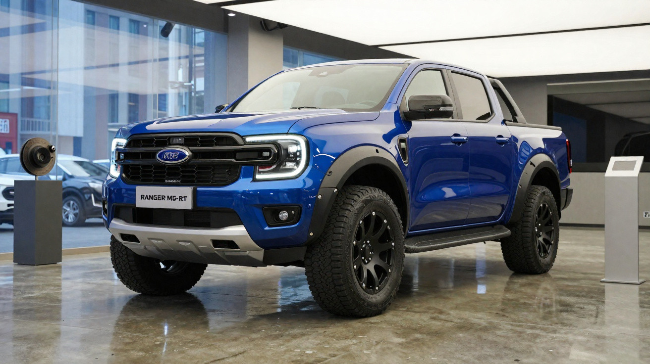 Picape Ford Ranger M6-RT azul exposta em showroom moderno com piso de concreto.